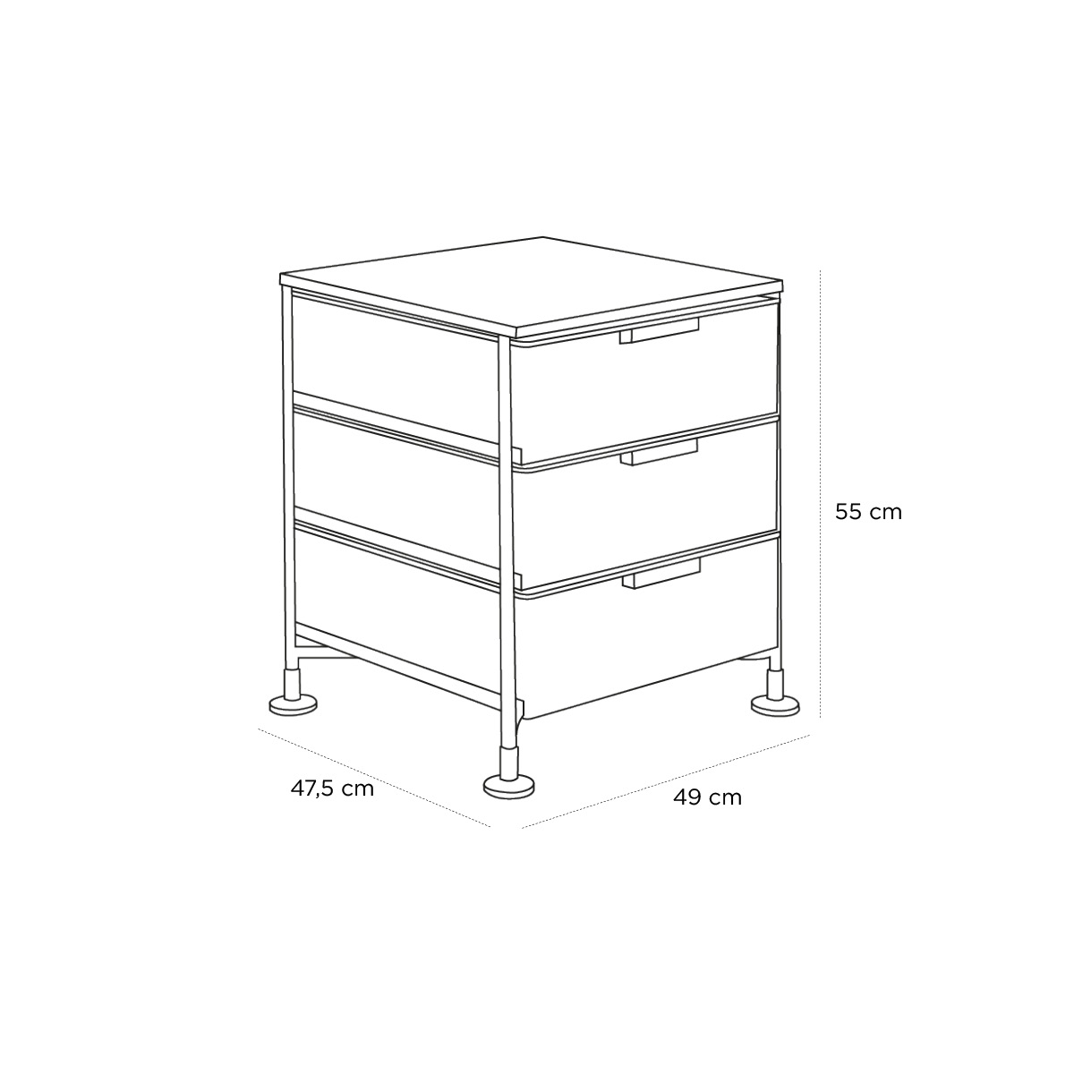 Product schematic Rangement Mobil 3 Tiroirs Bleu